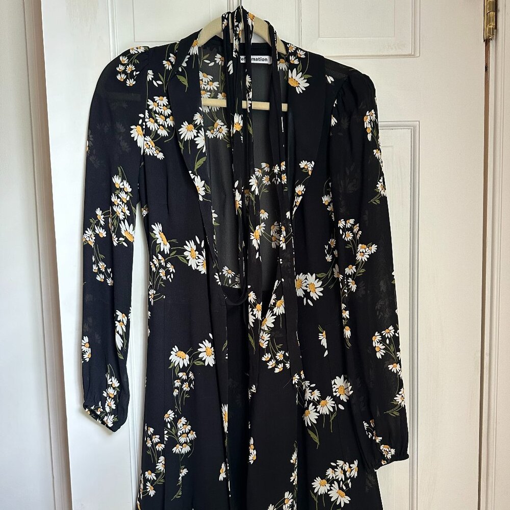 reformation black and daisy floral collared long sleeve mini dress